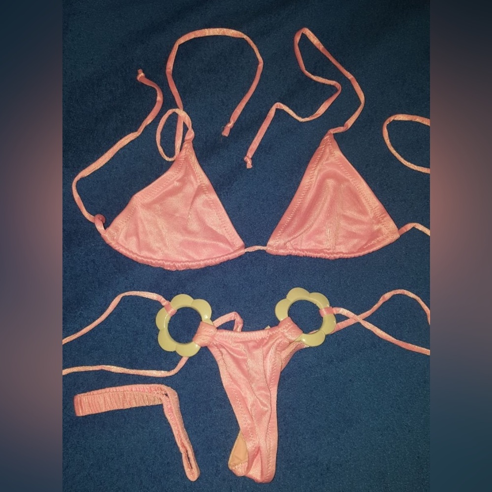 NWOT Sexy Skimpy Handmade Barbie Bubble Gum Pink Tri-Top Thong Bikini w/ Bling